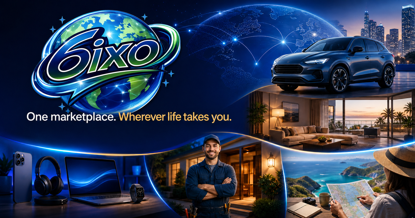 6ixo worldwide marketplace featuring vehicles, short-term stays, electronics, local services and trip planning
